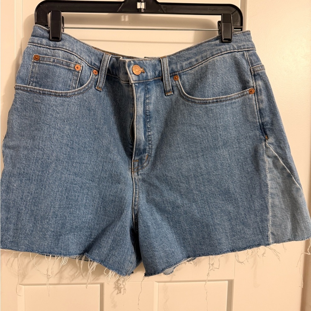 Madewell High Rise Denim Blue Jean Cut Off Raw hem Side Panel Shorts Size 32